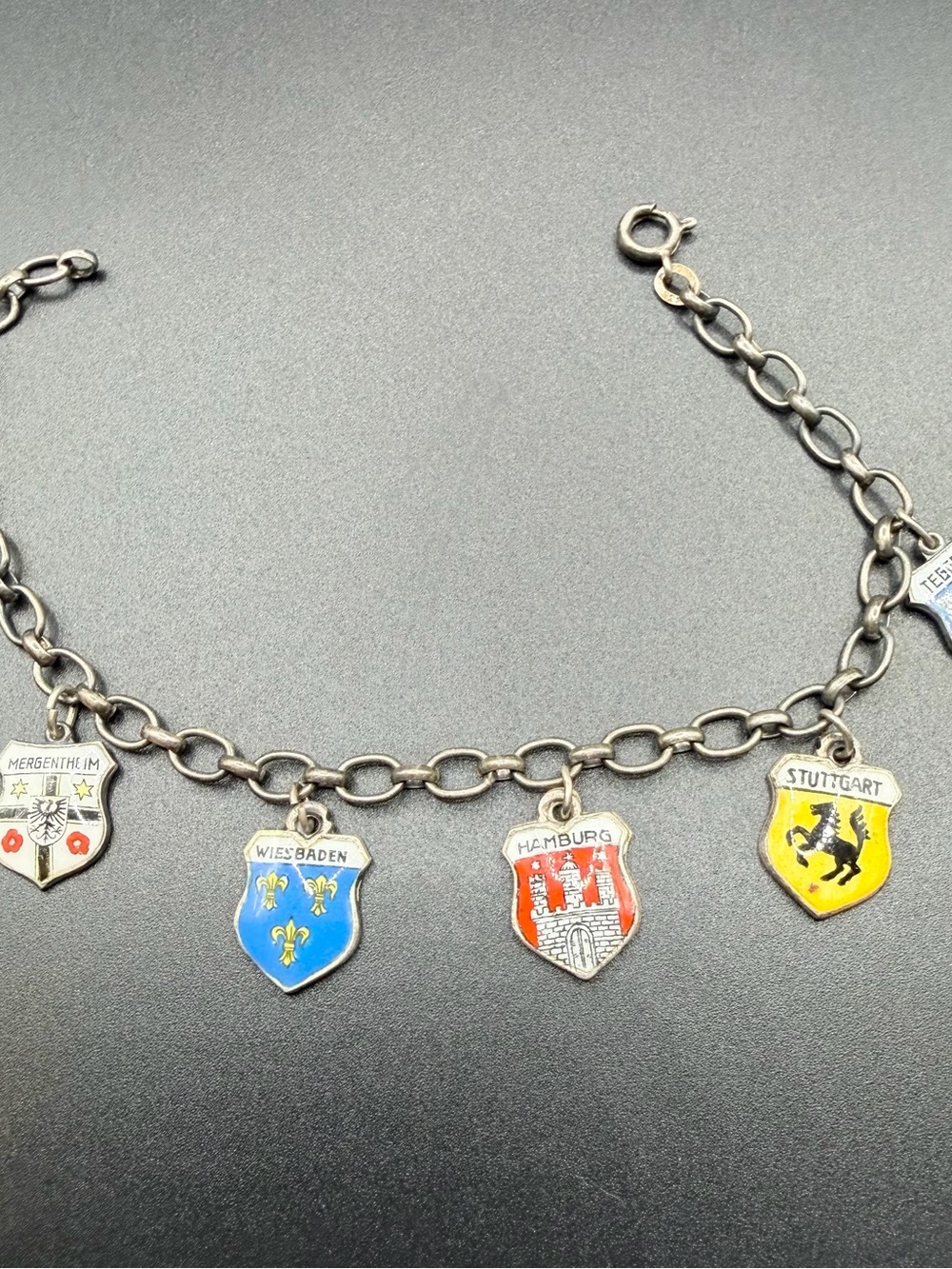Vintage 835 800 Silver Charms 6 3/4Travel Enamel Shield Link Chain Bracelet